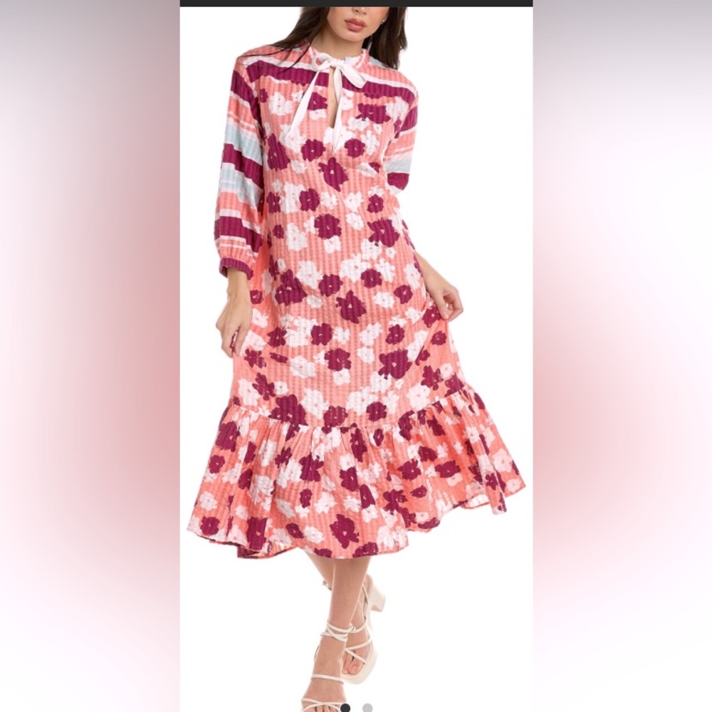 TANYA TAYLOR BOW NECKTIE DRESS IN SALMON/ROSE FLORAL PRINT SIZE S (runs big) NWT